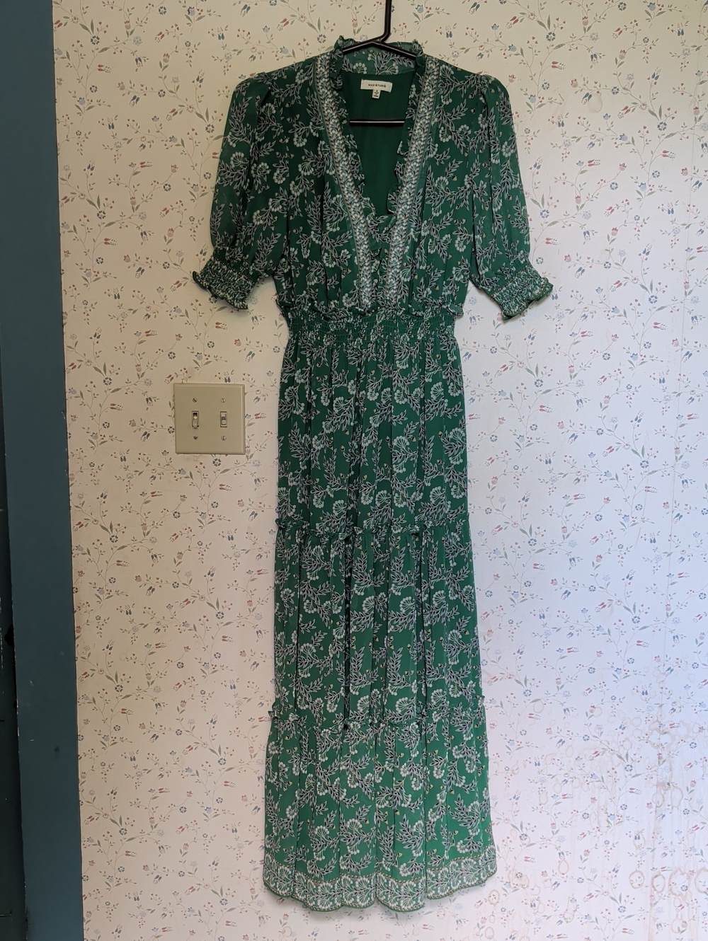 Max Studio Dress 8 Green Floral Maxi Smocked Tiered Wedding Guest Boho Fairy